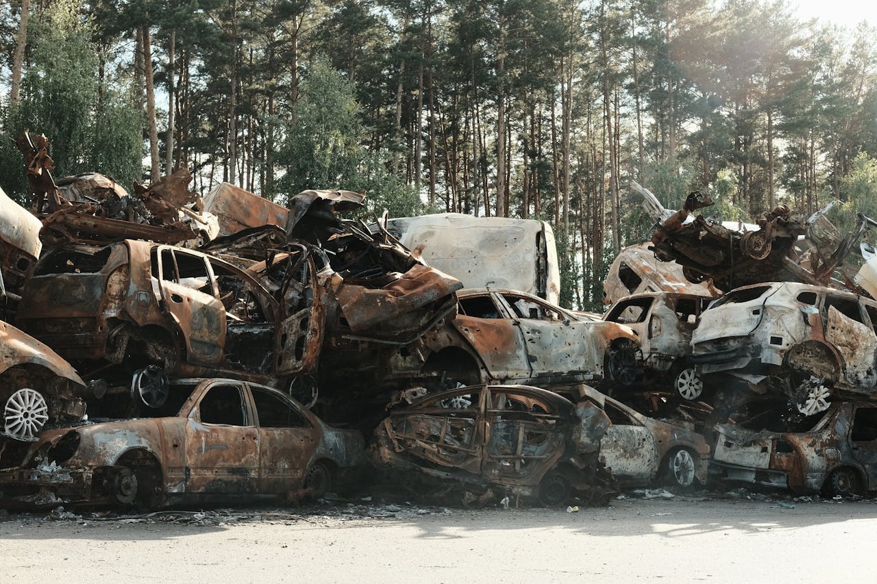 A pile of rusted, destroyed cars abandoned in a forest junkyard, symbolizing waste and decay.